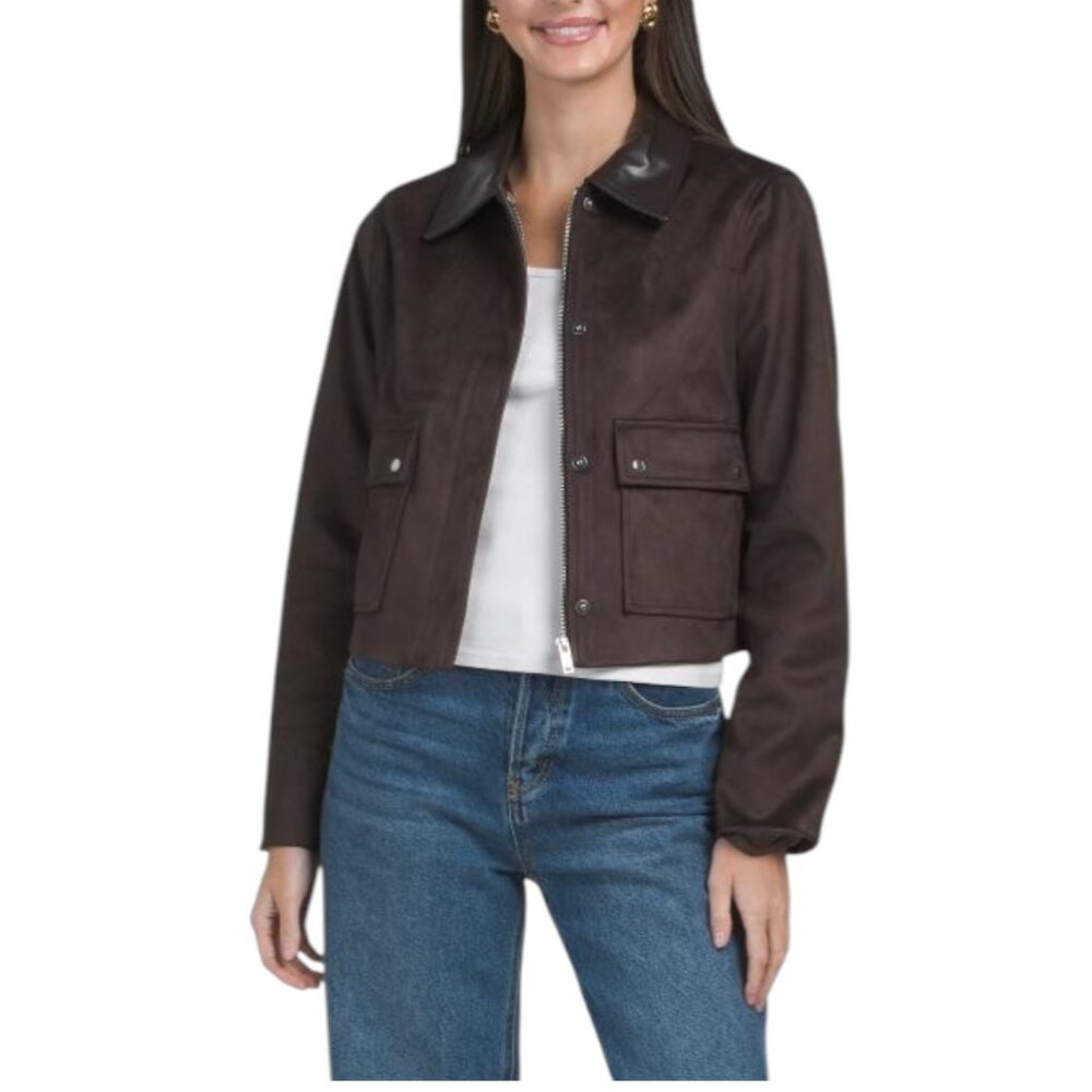 HOUSE OF HARLOW 1960 Faux Suede Jacket With Contrast Combo Collar